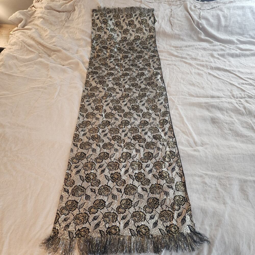 Inga-go Boutique Black and Gold Metallic Floral Scarf Wrap Size 19 x 70 - Picture 3 of 7